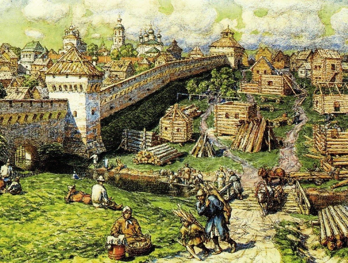 Строительство деревянной москвы. Белокаменный Кремль в Москве 1367 Васнецов. Васнецов Москва 16 века.