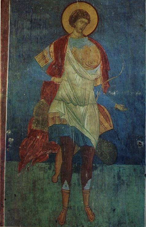 Дмитрий Солунский. Фреска Ферапонтова монастыря. 1500 г. (Из книги В. Т. Георгиевского «Фрески Ферапонтова монастыря»)
